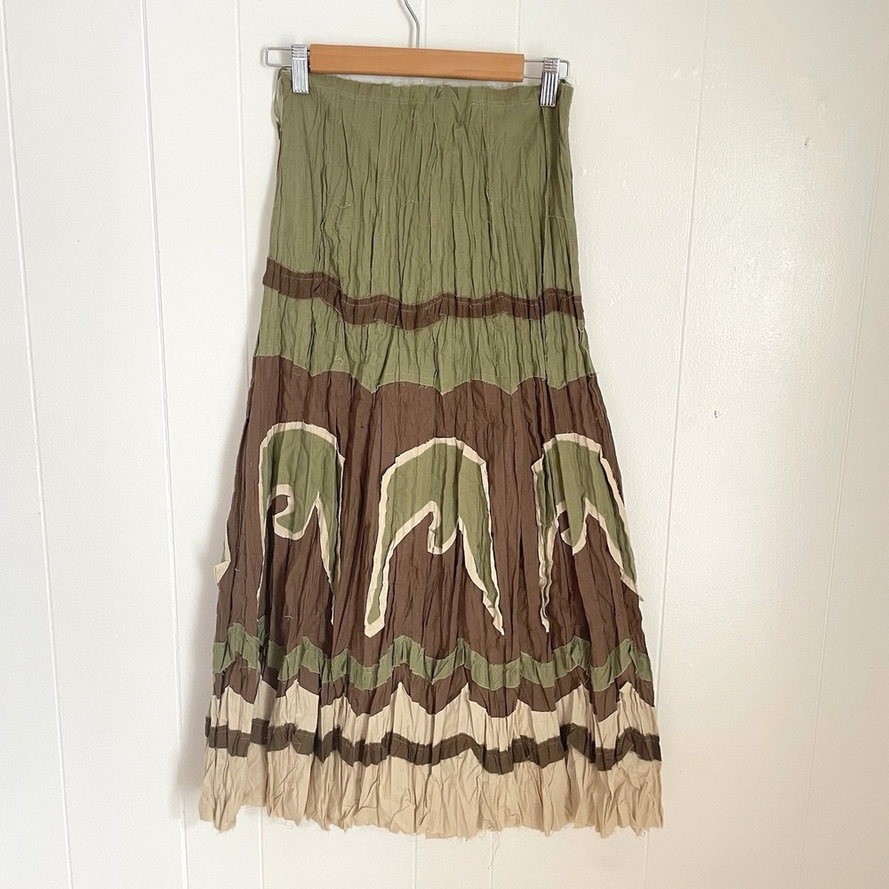 NEW Vintage Connection 18 Cotton‎ Midi Skirt Earth Tone Applique Boho S